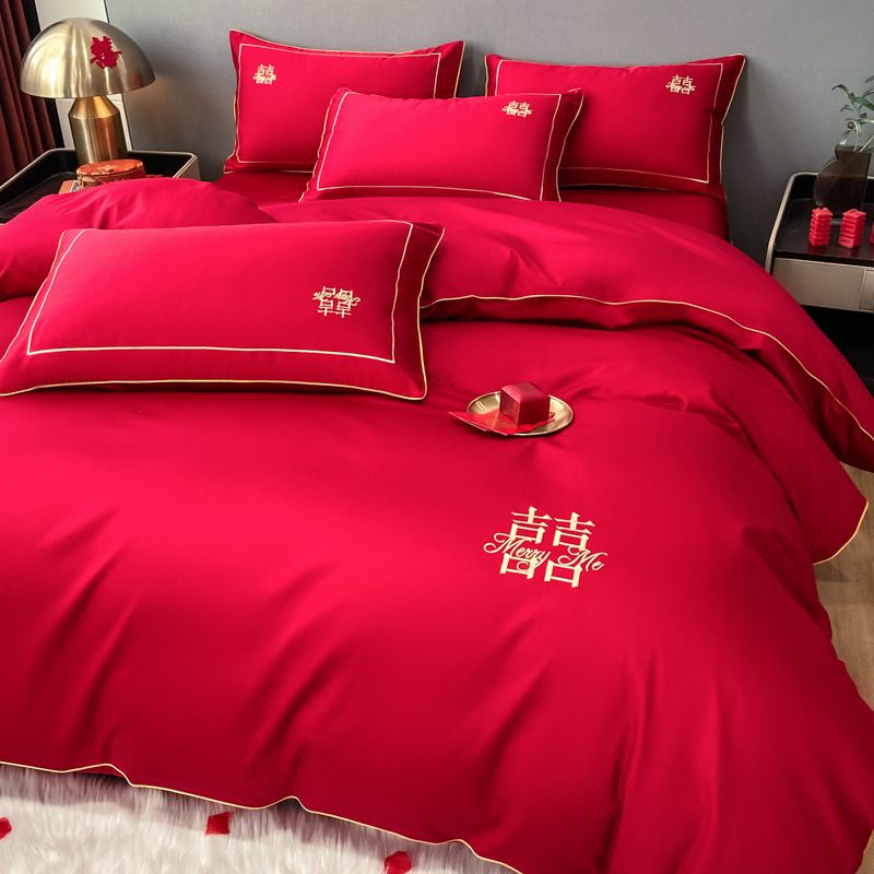 Picture of High-end European-style Wedding Four-piece Cotton Big Red Embroidered Sanding Quilt Cover Wedding Bedding Accompanying Wedding Room