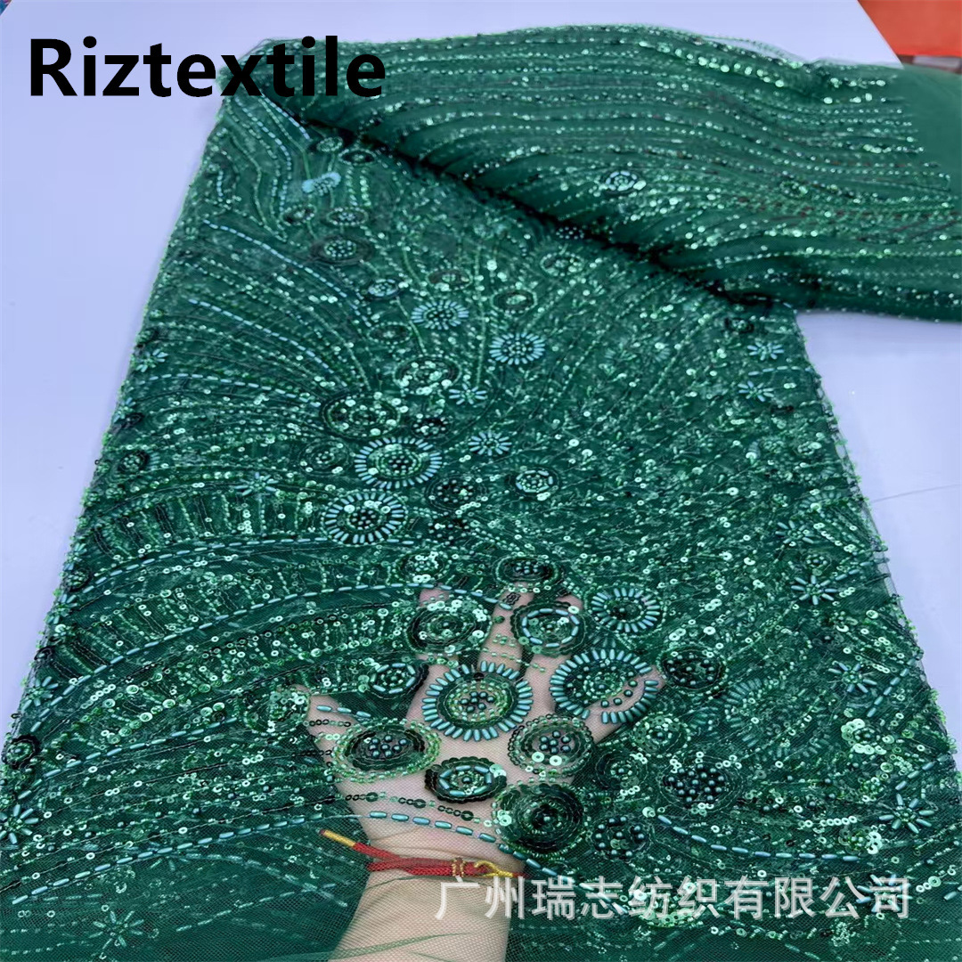 Green Embroidery Plant Flower Pattern European and American New Fashion Export Popular Bead Tube Sequin Lace Embroidery Beaded Lace