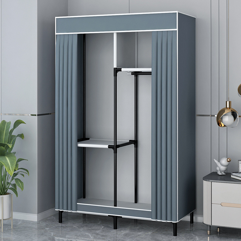 Simple Wardrobe Home Bedroom All Steel Frame Single Dormitory Assembled Fabric Wardrobe Rental Storage Floor-Standing Wardrobe