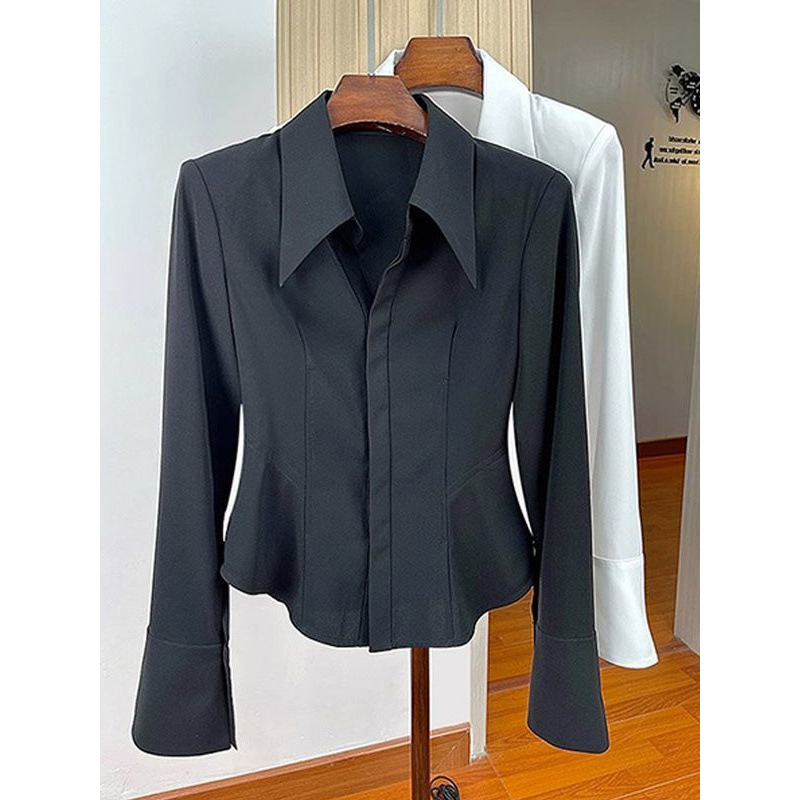 White Shirt Women's 2024 New Spring and Autumn Shirt Workplace Light Mature Style Slim-Fit Short French Style Pinch Waist Top