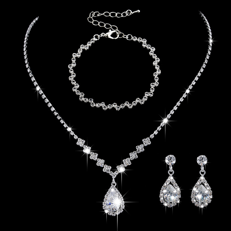 Picture of Brilliant diamond zircon water drop necklace earrings bride wedding jewelry shooting jewelry set wholesale