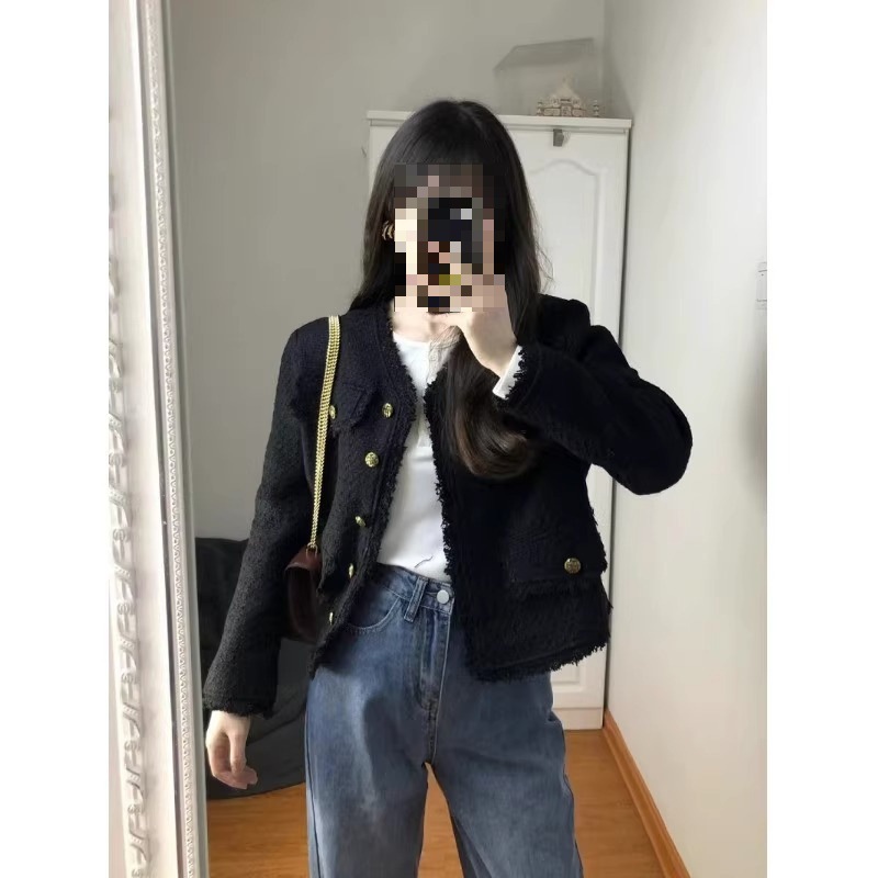 Autumn and Winter Black Fragrant Elegant Wind Coat Women's Spring and Autumn Design Sense Niche High Sense Short Tweed Top