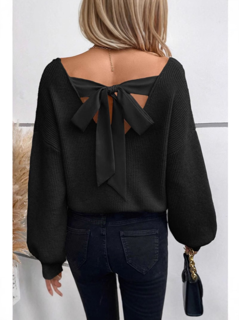 European and American cross-border women's V-neck solid color sweater, autumn foreign trade new long-sleeve casual loose bow top for women