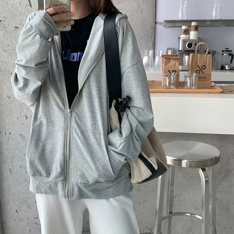 Picture of Trendy gray hooded women's sweatshirt 2025 season new fleece American retro niche casual trend jacket trend