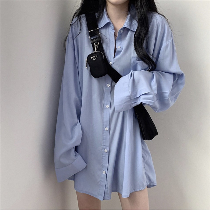 Korean Style Lazy Style Solid Color Thin Sunscreen Shirt Summer Spring Autumn Mid-length Shirt Jacket Student Long Sleeve Top