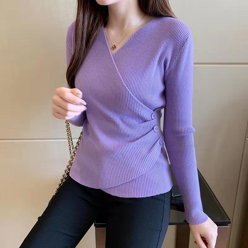 Spring and Autumn New Korean Style Slim Fit Sweater Knitted Bottoming Shirt for Inner Wear and Outer Wear Long-Sleeved Women's Cross V Neck Top