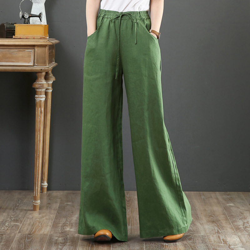 Picture of Korean 2025 Spring and Summer Artistic Cotton and Linen Loose Plus-Size Wide-Leg Pants High-Waisted Floor-Length Straight-Leg Linen Women's Pants