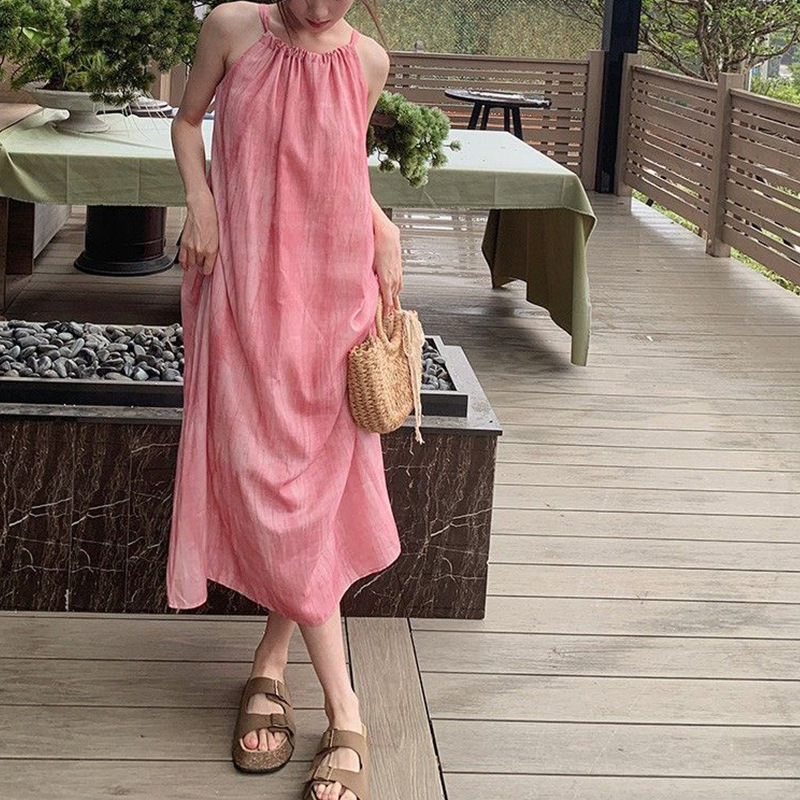 Loose Lazy Style Sweet and Spicy Pink Sling dress Women's Skirt Seaside Holiday Beach dress Neck Skirt