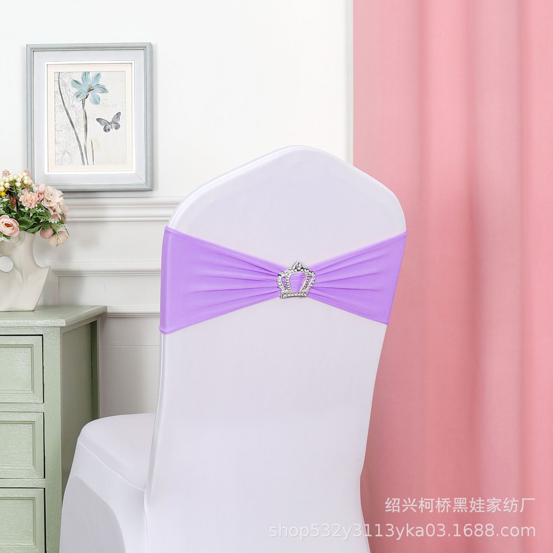 Picture of Chair Back Flower Bow Crown Diamond Buckle Elastic Banquet Chair Set Decoration Free Wedding Strap Ribbon Wedding Ribbon