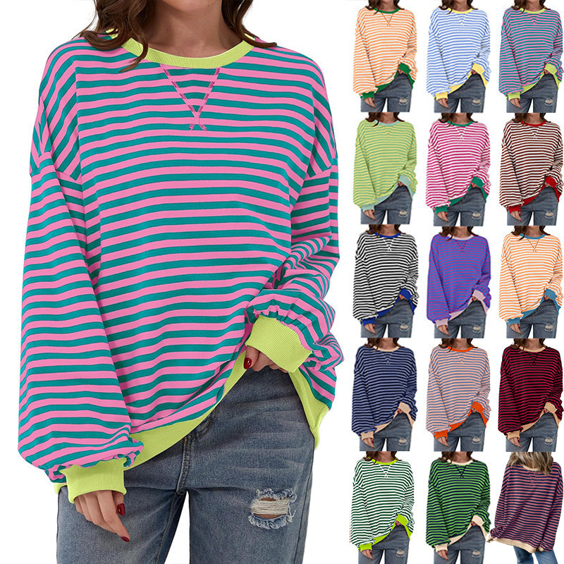Europe and the United States cross-border Amazon autumn and winter new casual striped color matching T-shirt top