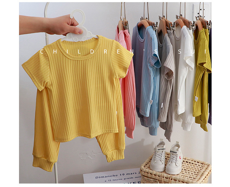 Picture of Children's Home Wear Set Korean Style Casual Unisex Solid Color 2024 Summer New Pajamas Children's Clothing Wholesale Short Sleeve