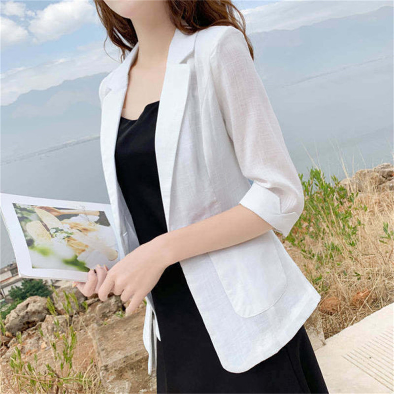 Summer British-style Sunscreen Wear Thin Cotton and Linen Suit Linen Small Suit Women's Slim-fit Seven-point Sleeve Short Jacket