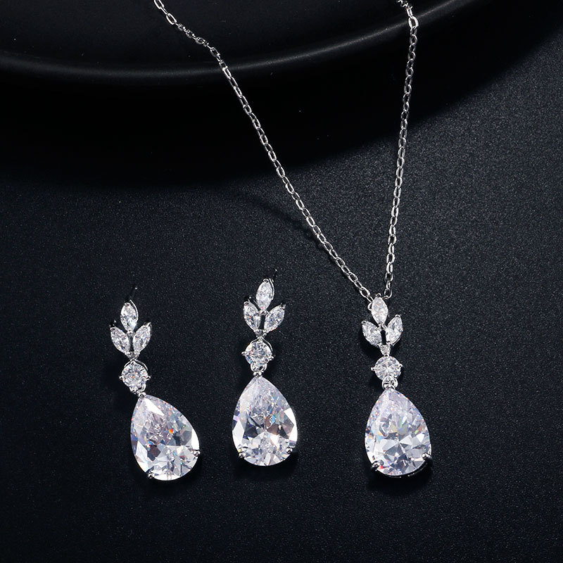 RAKOL Bridal Dress Jewelry Set European and American Fashion Simple Water Drop Zircon Pendant Earrings Combination Chain