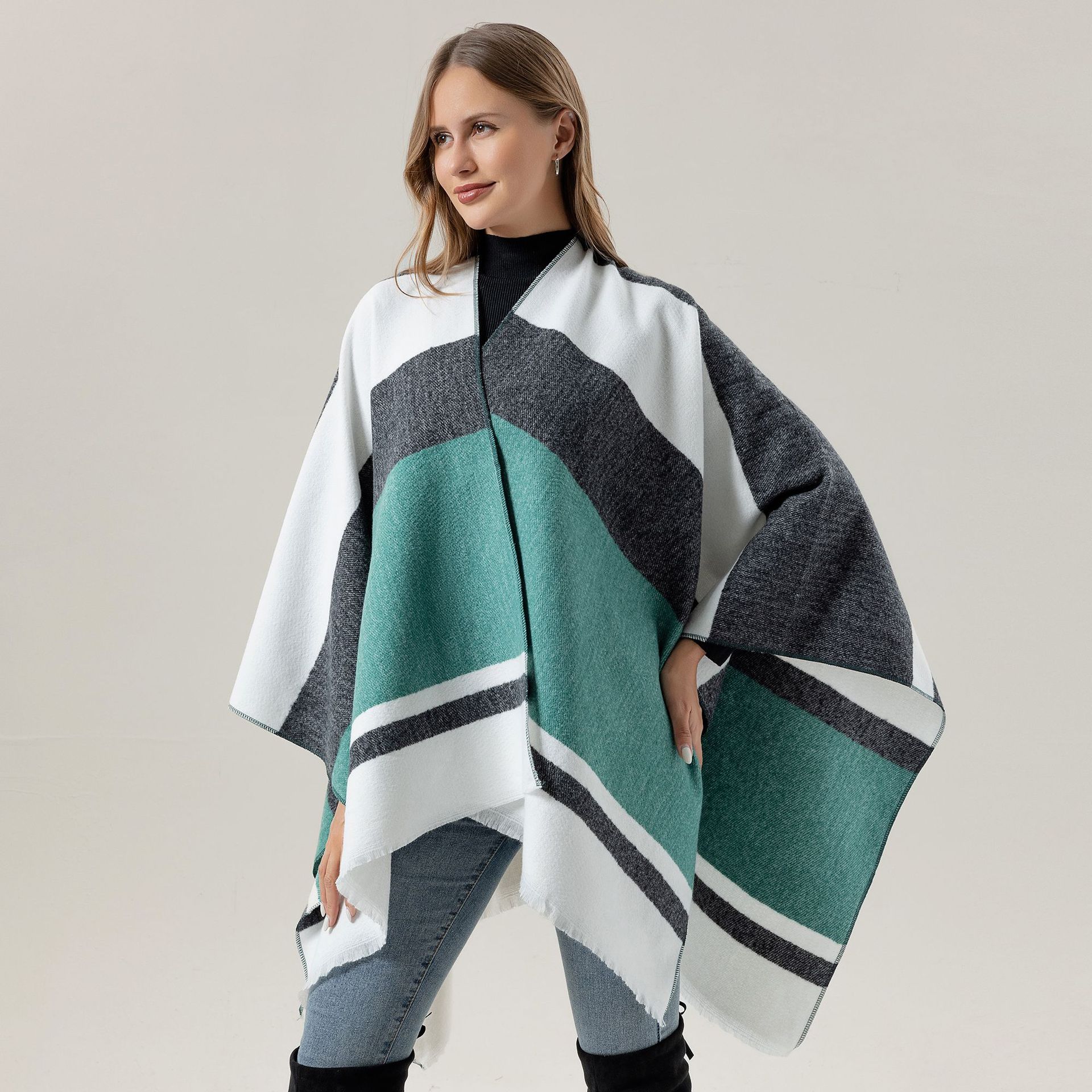 European and American Fashion Imitation Cashmere Striped Shawl for Women in Summer, High-End Plain Scarf, Versatile Strappy Cloak for Men
