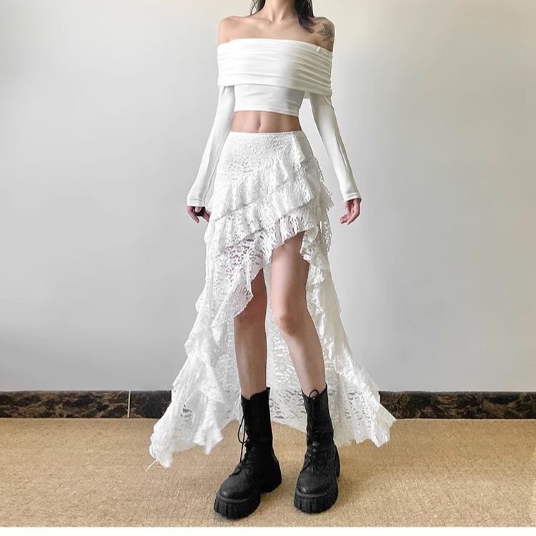 White Sweet Design Sense Lace Stitching Ruffled High Waist Slimming Skirt Women's Summer All-match Irregular Skirt