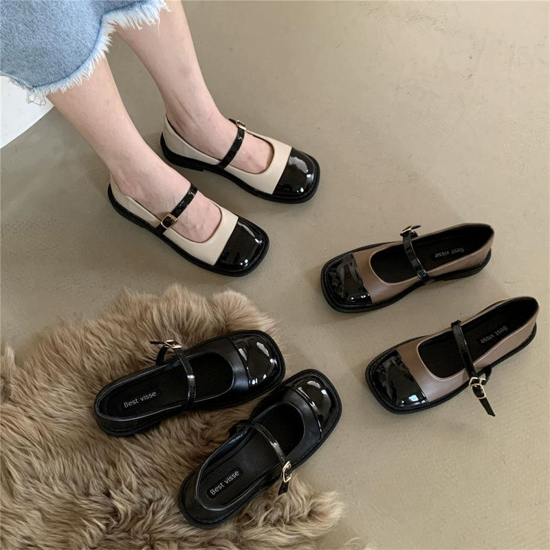 2023 Spring and Summer New Retro Color Matching Strap British Small Leather Shoes Square Toe Flat Mary Jane Shoes Women's Single Shoes
