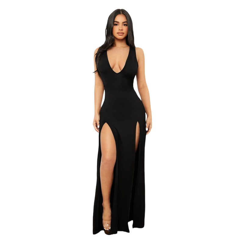 Women's Slim-fit Foreign Trade Women's Backless Deep V-neck Sling European and American Style Sexy dress Solid Color Tight Dress