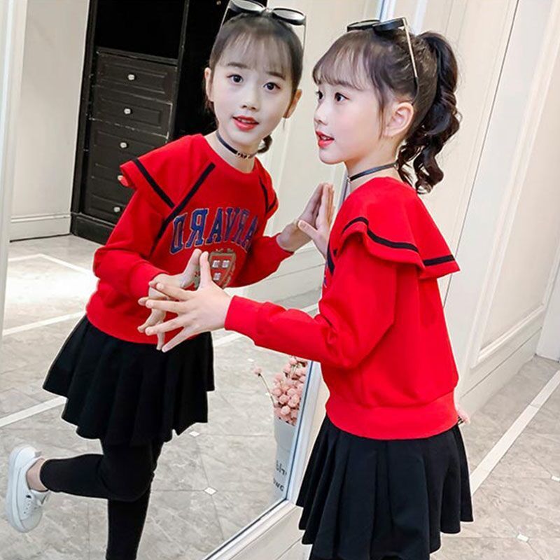 Girls' Autumn Dress 2021 New Western Style Korean Internet Red Children's Wear Sweater Skirt Two-Piece Spring and Autumn Dress