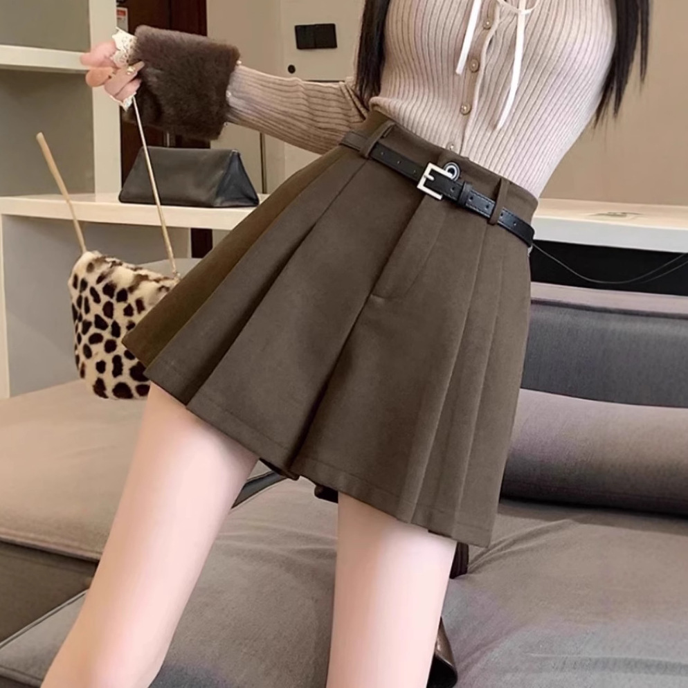 brown Pleated Woolen Shorts Women's 2024 New Autumn and Winter Outer Wear Boots Pants High Waist A- Shaped Wide Leg Casual Pants Skirt