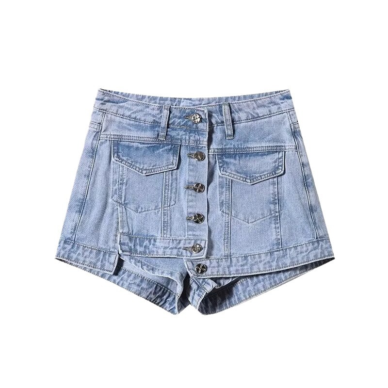 Picture of High waist Denim shorts women's pants skirt Summer 2024 New plus size A- line slimming anti-exposure sheath half-length shorts