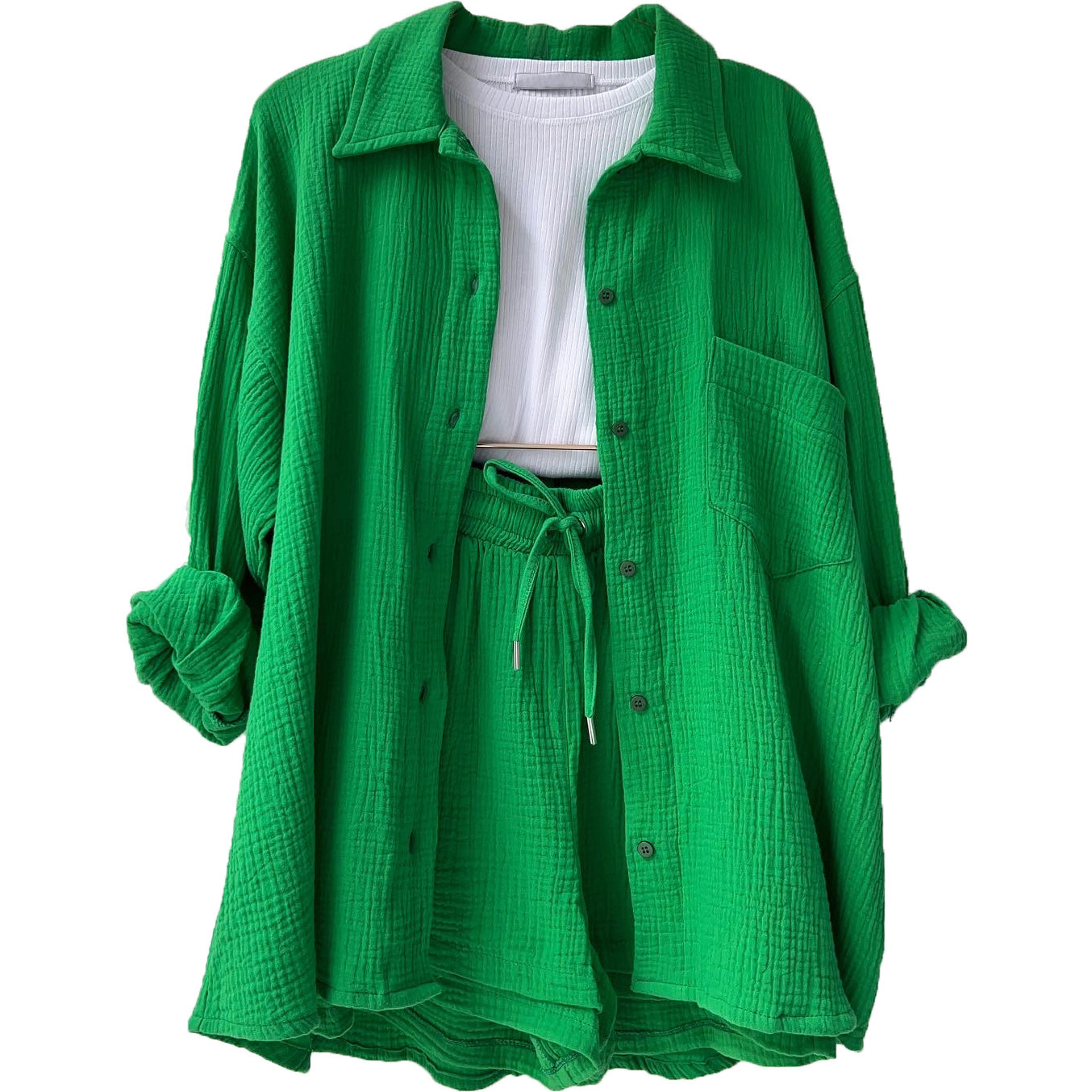 Amazon European and American Women's Wrinkled Lel Long Sleeve Shirt High Waist Drawstring Shorts Fashion Casual Two-Piece Set