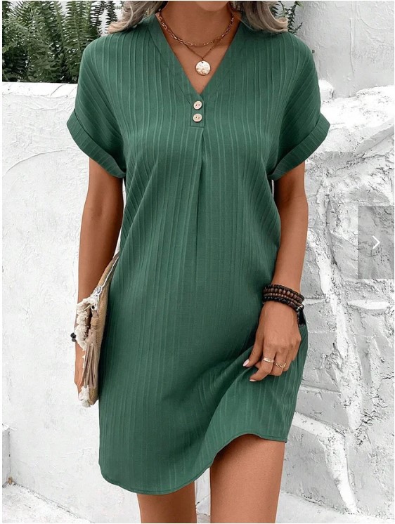 Picture of Cross-border European and American Women's 2023 New Amazon V-neck Solid Color Pullover Comfortable Casual Button Dress