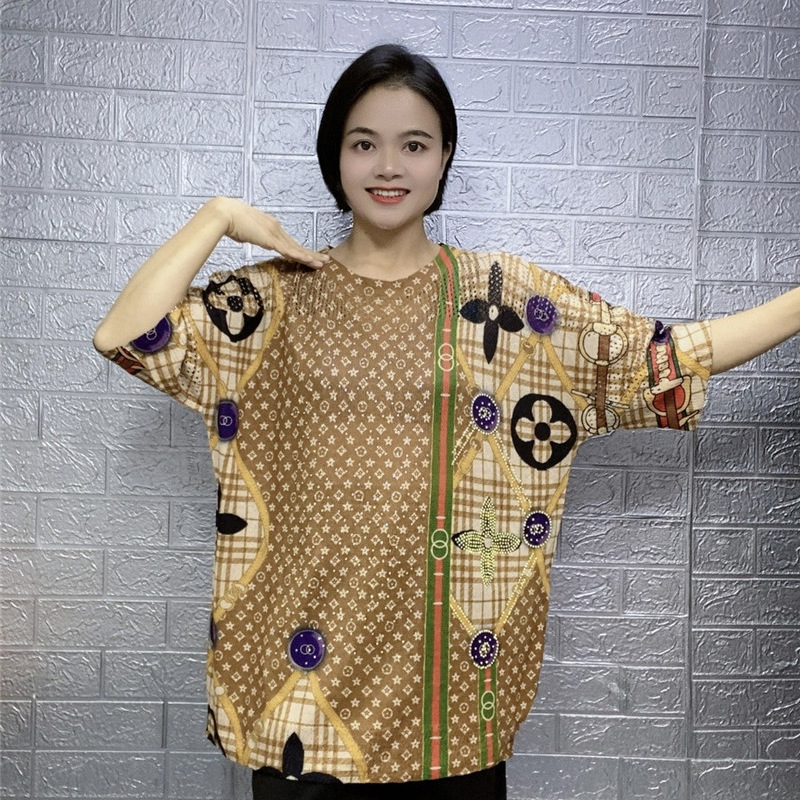 Summer Binglinen Short-sleeved Knitted Sweater Loose Round Neck Mid-sleeved Printed Hollow-out Hot Drilling Western-style Slimming T-shirt Top for Women
