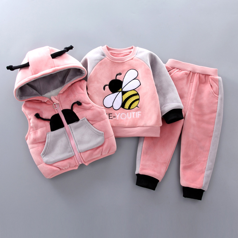2024 New Winter Thickened Fashionable Casual Simple Hooded Cartoon Western Style Casual Simple Baby Three-piece Set