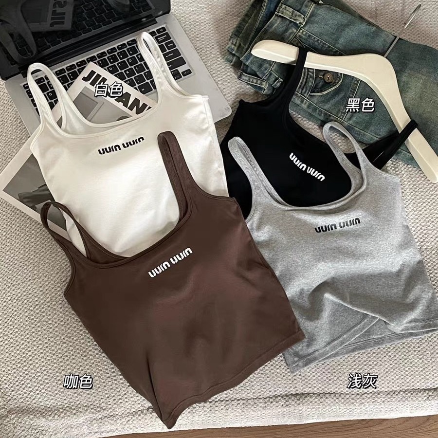 New 6659 Letter Printed Sling Vest with Chest Pad Women's Hot Girl Square Collar Solid Color All-match Base Vest