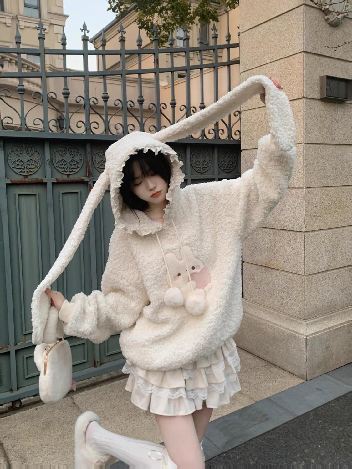 Picture of Rabbit Long Ears Hooded Lamb Wool Sweatshirt Coat Women's Winter fleece-lined Thickened Sweet Age-reducing Loose Top Trendy