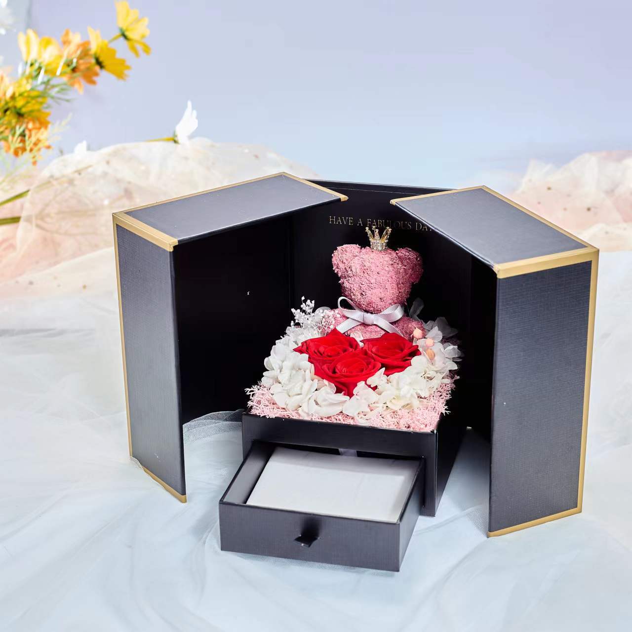 Chinese Valentine's Day Bear Everlasting Flower Gift Box Double Door Rose Necklace Jewelry Box Christmas Gift Lipstick Gift Box