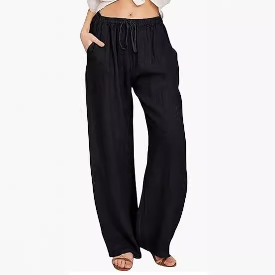 2024 Amazon Aliexpress Independent Station Women's Summer Drawstring Loose Cotton and Linen Wide Leg Pants