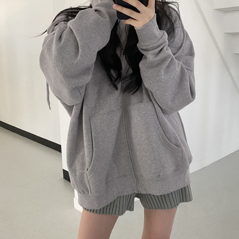 European and American Cross-border Foreign Trade Autumn and Winter Zipper Hoodie Women's Loose Cardigan Top Thickened fleece-lined Solid Color Jacket