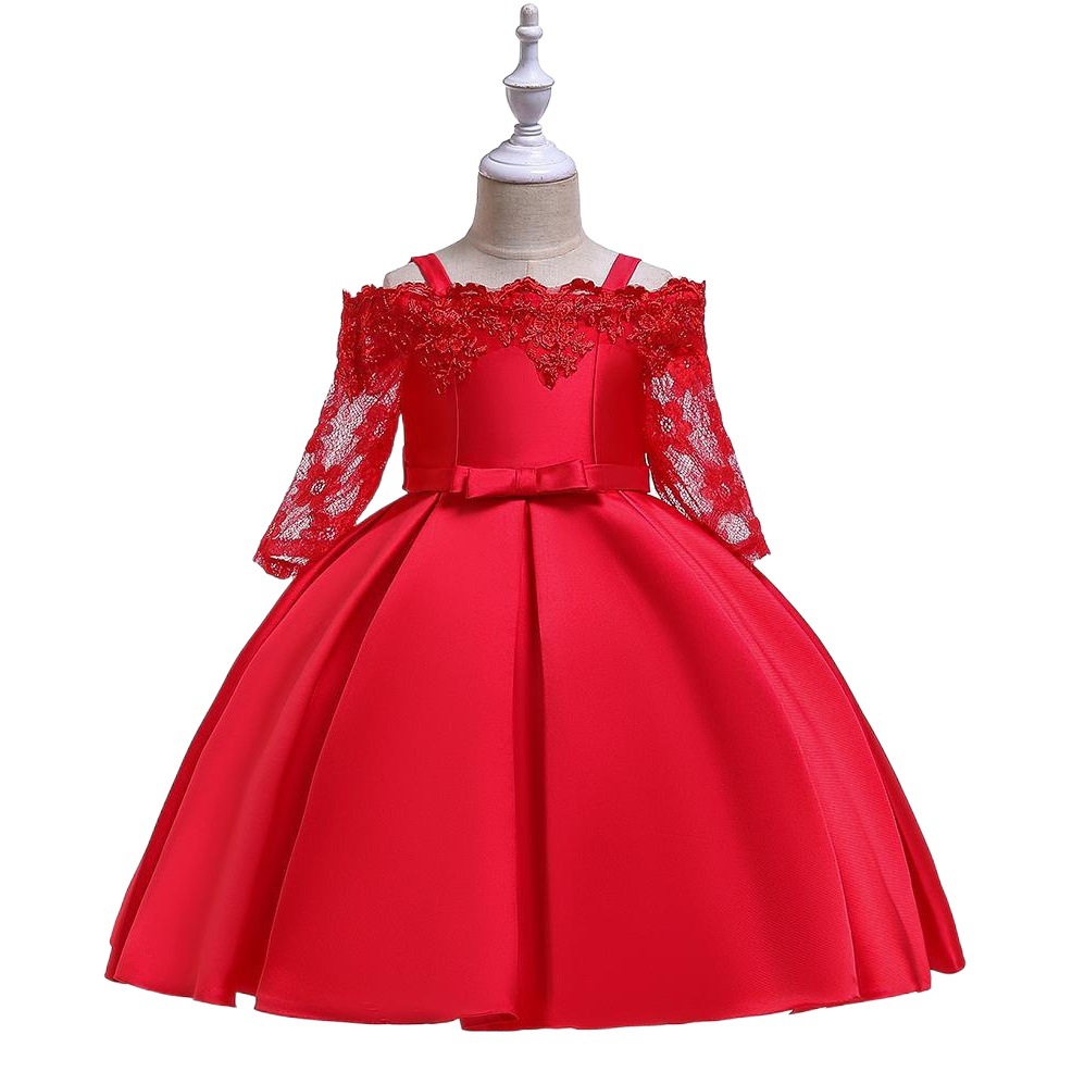2024 new girls princess dress off shoulder strap dress lace hollow long sleeve dress twill satin embroidered dress