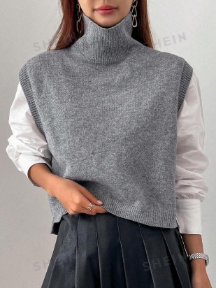 Picture of High-Neck Knitted Vest for Women, Korean Style, Loose Casual Sleeveless Sweater, Outerwear Layering Vest, Wool Blend