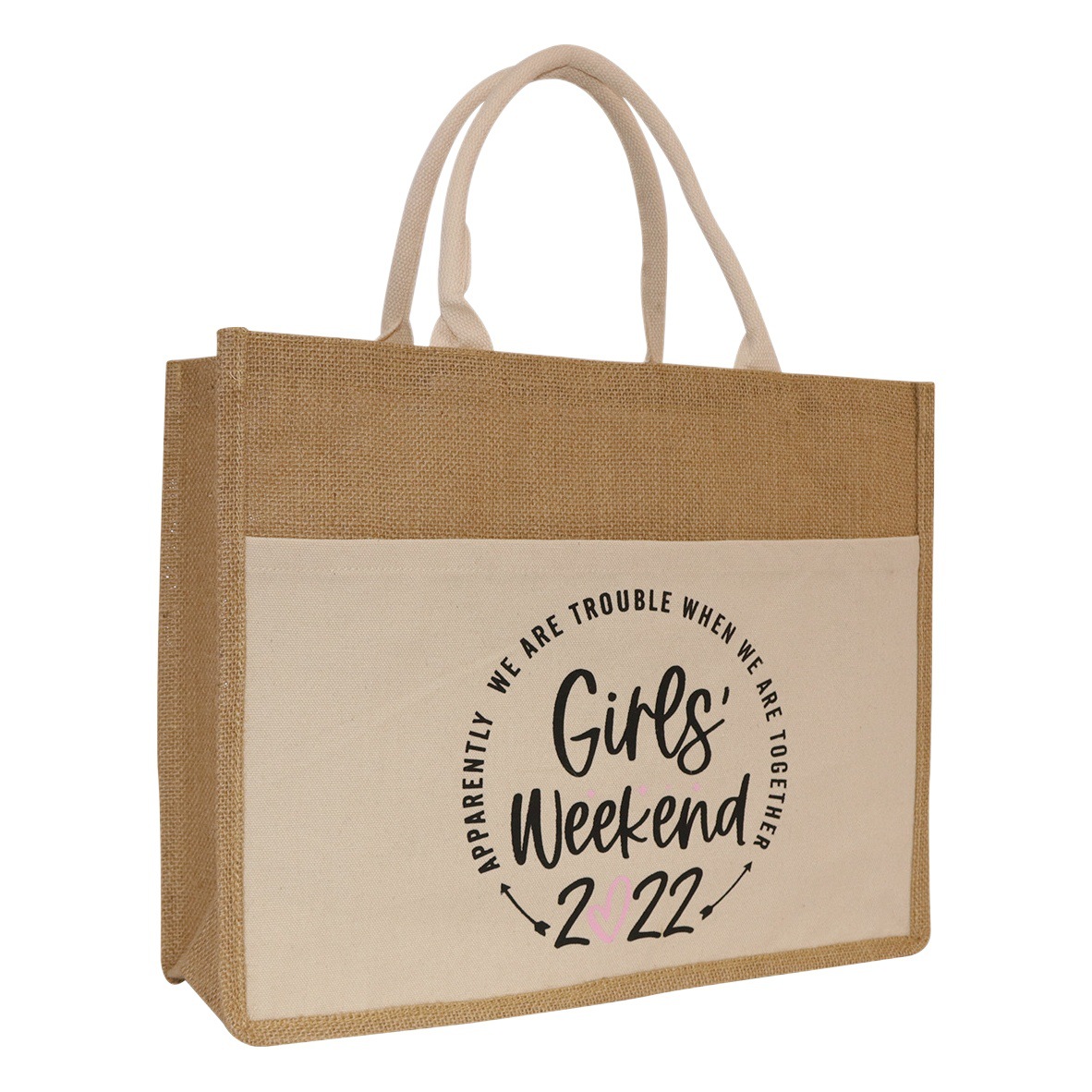 Spot new large capacity Film Coated Waterproof linen bag retro simple design stitching jute cloth tote bag custom