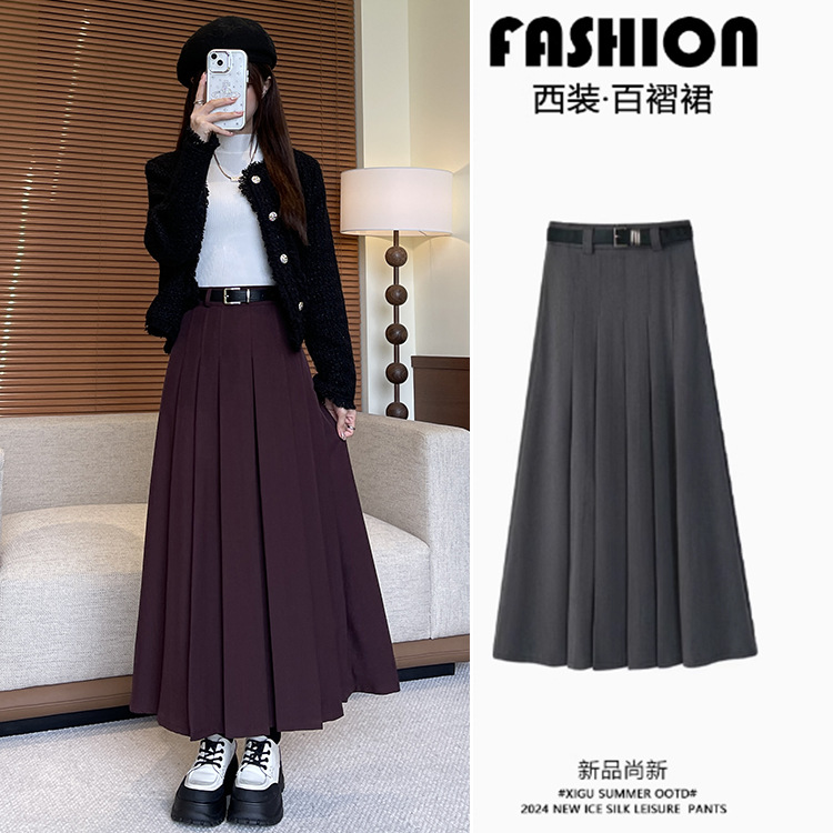 Skirt Women's Autumn and Winter High Waist Slim Pleated Skirt Belt Large Swing High Waist Suit Elegant and Fashionable Mid-Length Skirt