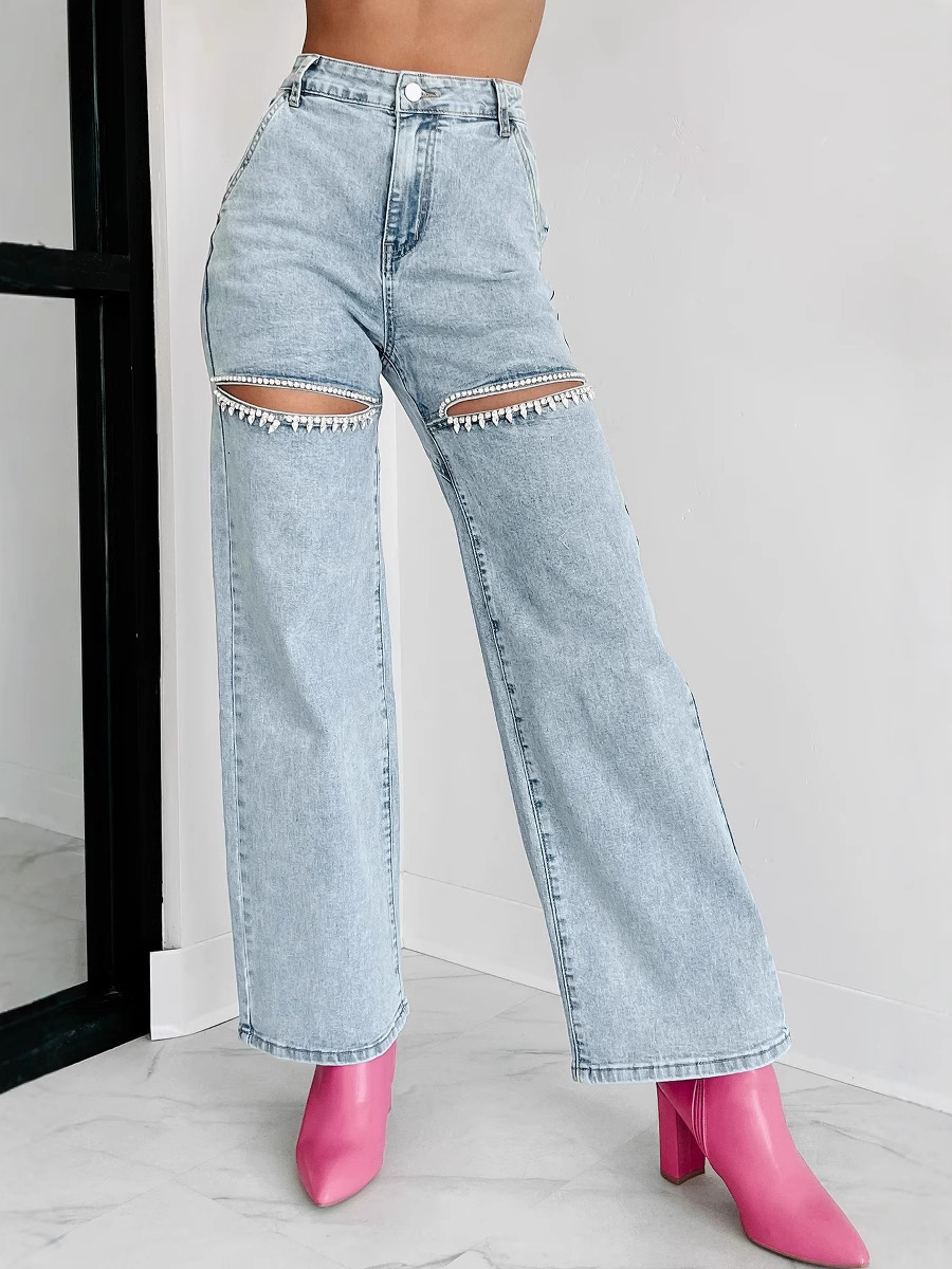 Picture of Cross-border Amazon eBay2025 New Chain Ripped Straight Jeans Washed Fashion High Waist Jeans for Women