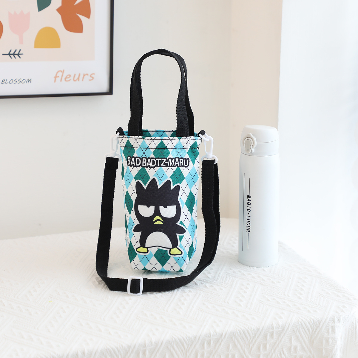 Picture of Japanese Style Cartoon Cute Canvas Water Cup Bag Crossbody Portable Dual-purpose Water Kettle Bag Outgoing Small Cloth Bag Handbag