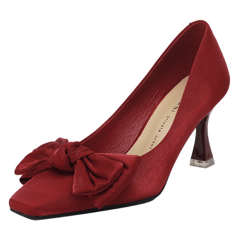 Picture of 166-28 Chinese Xiu Wo Bridal Shoes Sheepskin Satin Wedding Shoes Women's Square High Heels Bow Red Shoes
