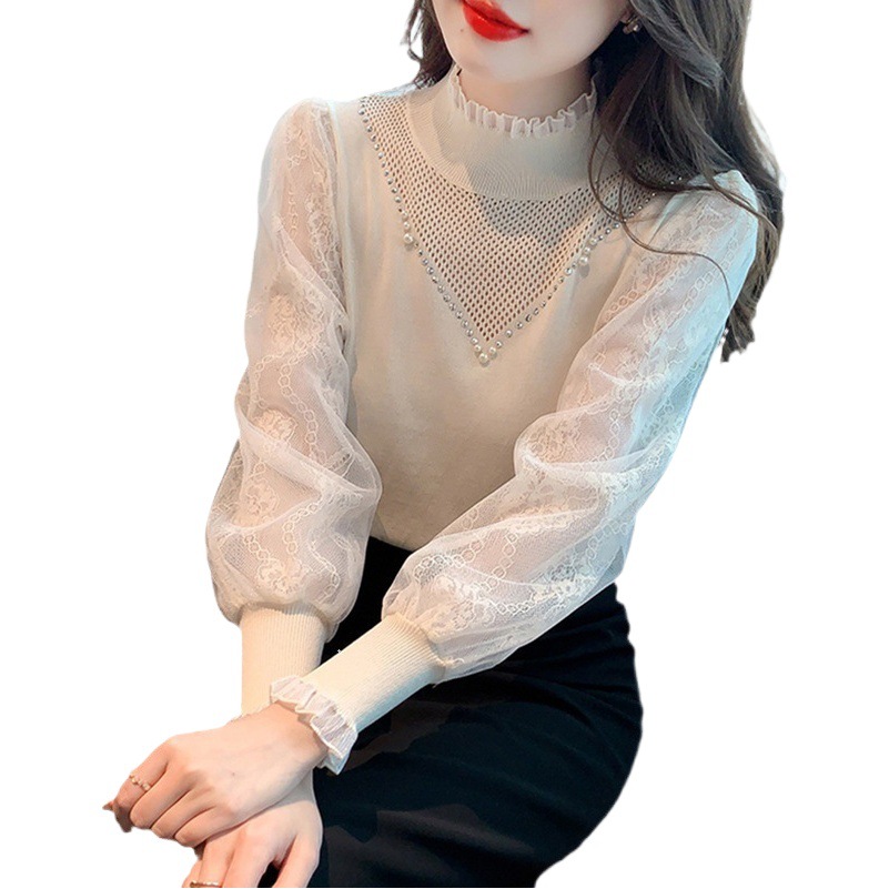 Half-turtleneck knitted bottoming shirt sweater women's spring and autumn 2024 spring new foreign-style inner shirt lace top
