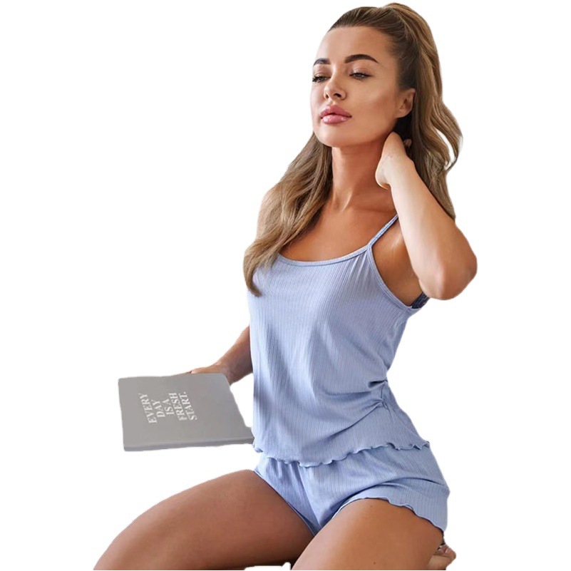 Autumn and Summer Home Wear Pajamas for Women Plus Size Plus Size Two-Piece Set Solid Color Simple Breathable Loose Suspender Shorts Set