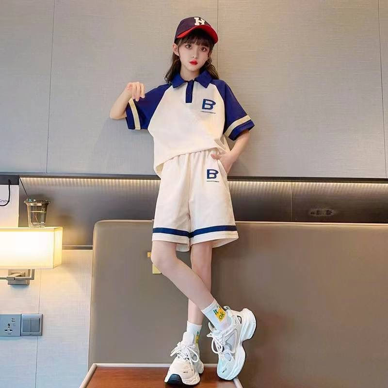 Girls' suit Summer New Western Style Big Boy Korean Style Summer suit Children's Internet Popular Short-sleeved Sports Shorts Summer Dress