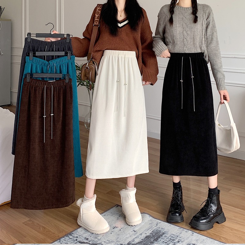 9100# [Real Price]-[Official Tu High Elastic Corduroy Thin] Chain Joker Rear Split Casual Half Body