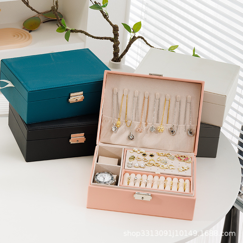 New double-layer jewelry box with lock storage box ear studs box Jewelry earrings jewelry storage box large capacity wholesale