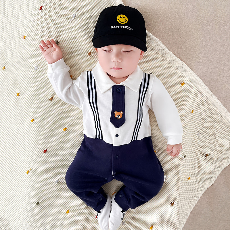 Long-sleeved baby jumpsuit single-breasted lapel baby clothes tie tiger gentleman bow tie ha clothes climbing clothes wholesale
