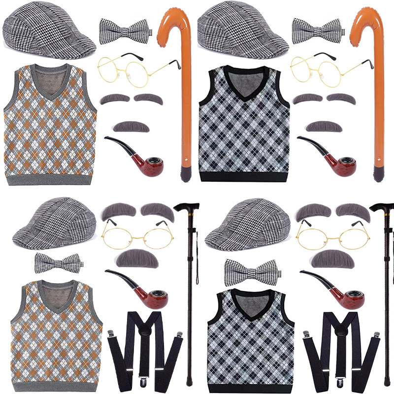 Picture of COS Old Man Dress Up Halloween Children Grandpa Vest Wig Beard Granny Children Show Wig