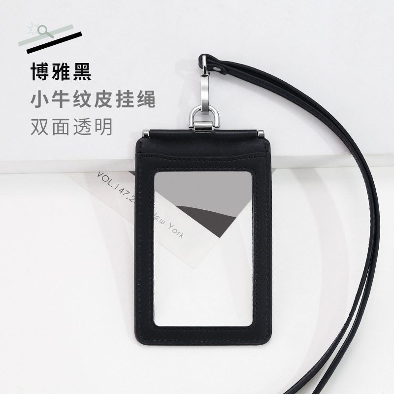 Picture of Carefully Selected First-Layer Genuine Leather Work Card Holder 70*100 Double-Sided Transparent Large Work Card Holder with Lanyard