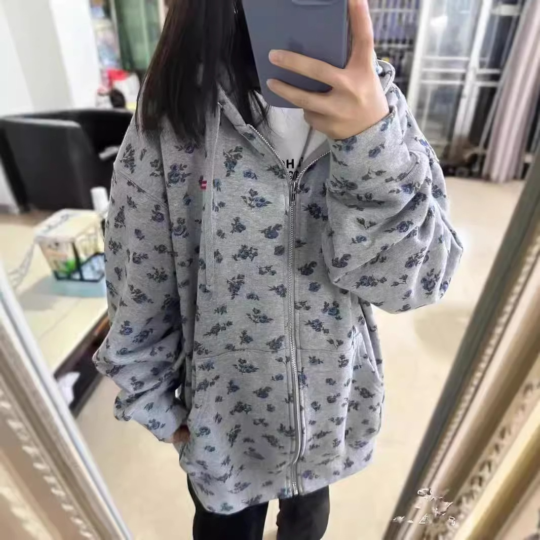 Picture of American-style Floral Print Hooded Sweater Women's Spring Autumn and Winter Thickened Loose Lazy Style oversize Cardigan Coat Trendy