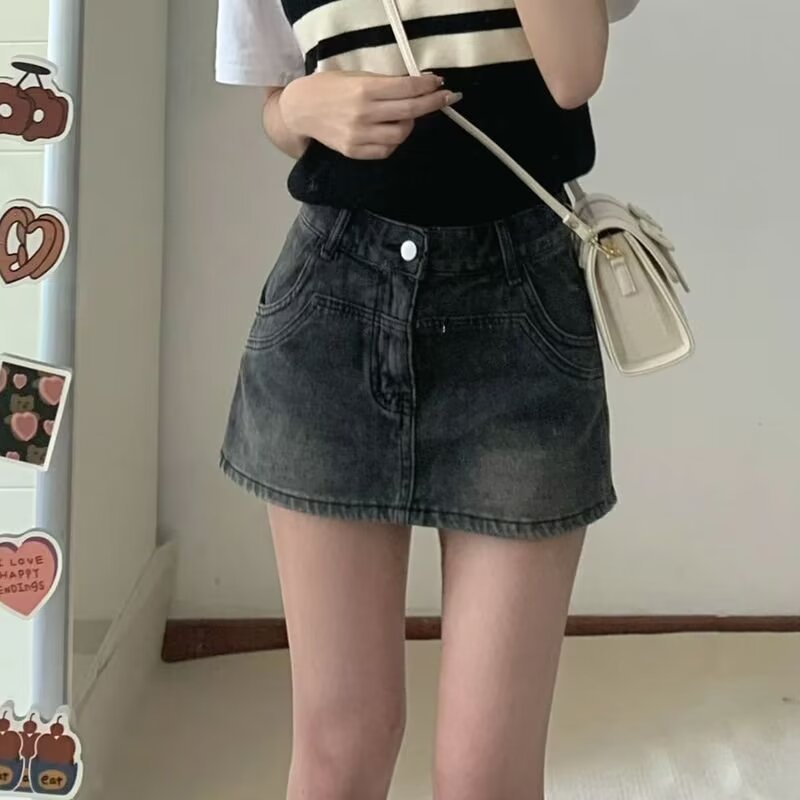 Hong Kong Style Vintage Hot Girl Denim Skirt Women's Summer High Waist Slim-fit Slimming A- line Hip Short Skirt Skirt Women's